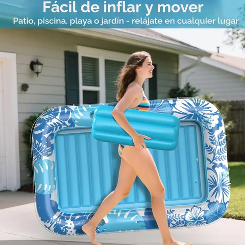 Miniatura 8 de Flotador inflable de bronceado para piscina con lona de protección, flotadores de piscina de 70 x 46 pulgadas para adultos con almohada, flotador 6