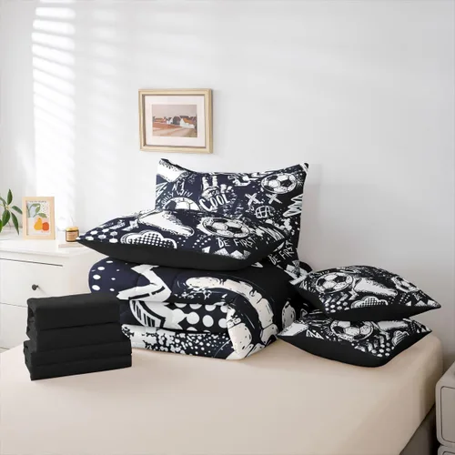 Miniatura 7 de Erosebridal Juego de edredón de tamaño individual para niños, cama de fútbol de 7 piezas en una bolsa, sábanas y fundas de almohada, juego de ropa