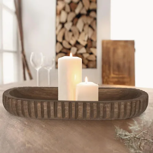 Miniatura 6 de Oakrain Cuenco decorativo de madera para decoración del hogar, cuenco de masa rústico de 16 pulgadas con rayas verticales talladas a mano, bandeja