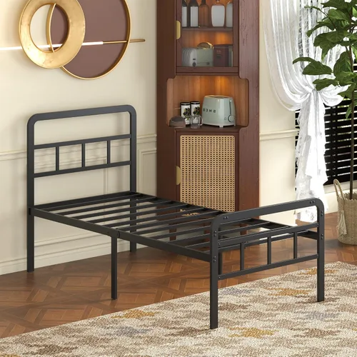 Miniatura 7 de Base de cama individual de 18 pulgadas con cabecero y estribo, plataforma de metal resistente, no necesita somier, base de colchón de fácil montaje