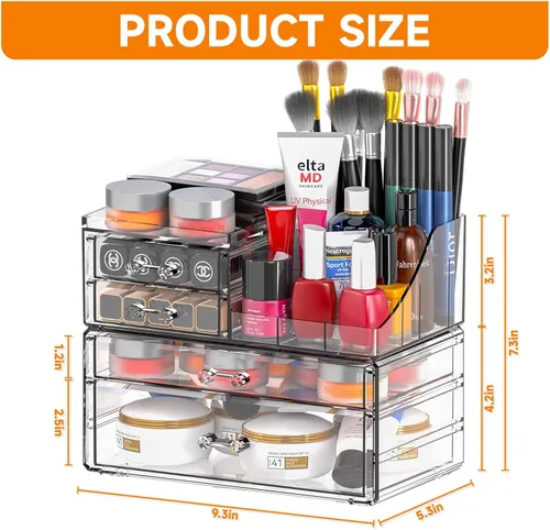 Miniatura 3 de SUOXING Organizador de Maquillaje Acrílico Transparente para Tocador, Baño, Cómoda, Organizadores de Maquillaje de 4 Cajones para Mostrador