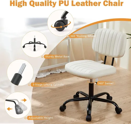 Miniatura 5 de Simple Deluxe Silla de escritorio pequeña, silla de oficina sin brazos con ruedas, de piel sintética, cómoda para computadora, giratoria, sin brazos