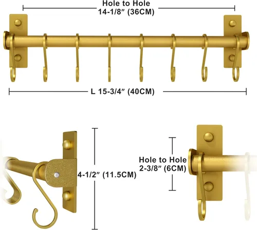 Miniatura 5 de Dseap Soporte Colgante para Utensilios de Cocina, Estante para Ollas y Sartenes Montado en la Pared, Riel de Cocina con 8 Ganchos para Colgar Dorado