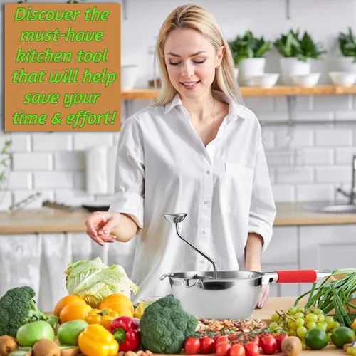 Miniatura 6 de Molino de alimentos de acero inoxidable – 3 discos de molinillo de alimentos – Enricer de patatas para puré de papas – Manivela de mano