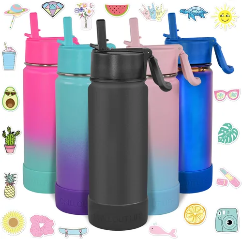 Miniatura 40 de CHILLOUT LIFE - Botella de agua aislada de 17 onzas con tapa con pajilla para niños, a prueba de fugas y bonitas calcomanías impermeables, termo