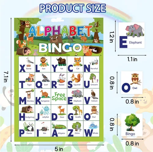 Miniatura 4 de Juego de bingo de animales del alfabeto, 24 jugadores, tarjetas de bingo de animales con reconocimiento de letras, tarjetas de juego de bingo