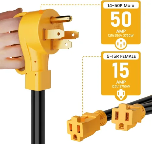 Miniatura 2 de MECMO Cable de alimentación adaptador Y de 50 amperios a (2) x 110V 15 Amp para el hogar, adaptador RV Y, 10/3 STW NEMA 14-50P enchufe macho a dos