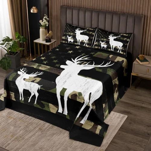Miniatura 23 de Castle Fairy Colcha con diseño de bandera de Estados Unidos, diseño de camuflaje marrón, cuernos de ciervos y animales salvajes, para dormitorio