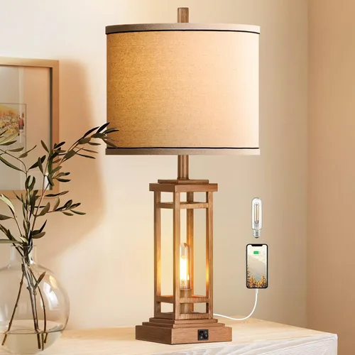 Miniatura 9 de ROTTOGOON Lámpara de mesa de granja de 27.5 pulgadas de altura con puertos de carga USB C + USB A, lámpara rústica para sala de estar, lámpara