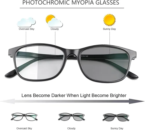 Miniatura 2 de YIMI Gafas de miopía fotocromáticas para distancia con bisagra de resorte, anti UV para hombres y mujeres, lentes de potencia negativa, gafas