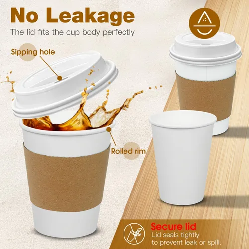 Miniatura 3 de Ginkgo Paquete de 100 Tazas de Café de Papel Engrosado de 8 oz con Tapas y Fundas Blancas, Tazas de Café Desechables para Llevar para Café Espresso