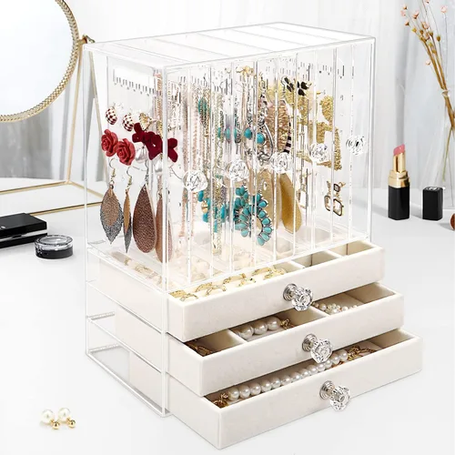 Miniatura 9 de Jenseits Acrylic Jewelry Holder, Clear Earring Organizer with 3 Drawers, Velvet Hanging Jewelry Stand Storage for Necklace Earrings Ring Bracelet