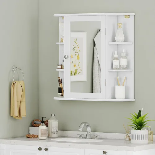 Miniatura 2 de Giantex Botiquín de baño, armario de espejo de baño montado en la pared con puerta de espejo y 4 estantes interiores, 6 estantes abiertos, Blanco