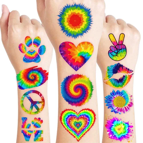 Miniatura 9 de 96 piezas de tatuajes temporales luminosos precortados con teñido anudado que brillan en la oscuridad, suministros de fiesta temática de cumpleaños