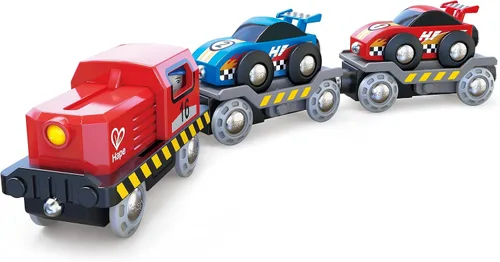 Miniatura 4 de Hape Transportador de autos de carreras Juego de transporte de autos de tren de juguete de madera de seis piezas para niños