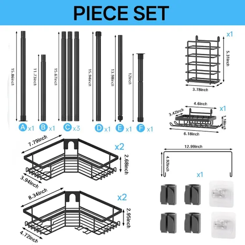 Miniatura 9 de DTUQYX Barra de tensión de esquina para regadera, estante organizador de baño ajustable de 43.5 a 120 pulgadas, estante de almacenamiento para baño