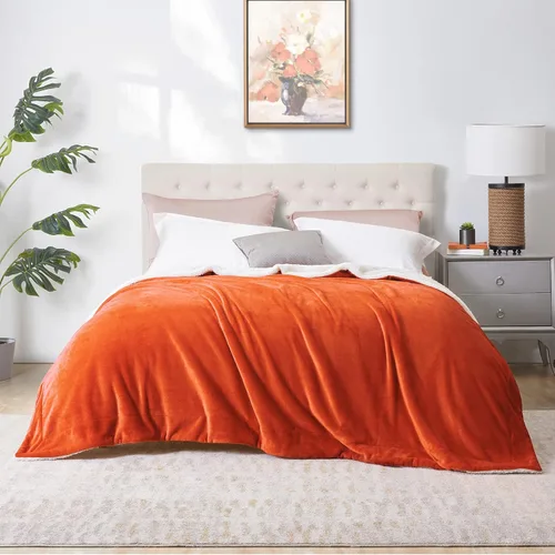 Miniatura 8 de Walensee Manta de vellón Sherpa (Tamaño de manta de 50 x 60 pulgadas, naranja) Manta de felpa peluda súper suave reversible de franela de microfibra