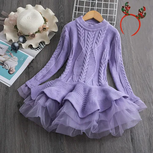 Miniatura 3 de Suéter de Navidad de ganchillo de invierno para niñas pequeñas, vestido de punto y banda para el cabello (morado, 2-3 años)