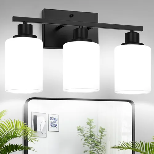 Miniatura 20 de MOKATNG Juego de 2 apliques de pared para baño, luces de tocador modernas negras con pantalla de vidrio blanco, lámpara de pared de baño