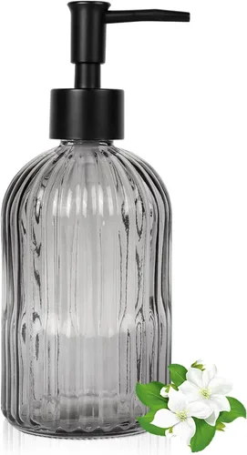 Miniatura 17 de 14Oz Black Pump Glass Soap Dispenser, Brown Stripe Countertop Refillable Liquid Bottle Hand Dish Lotion Dispenser with Plastic Pump, for Kitchen
