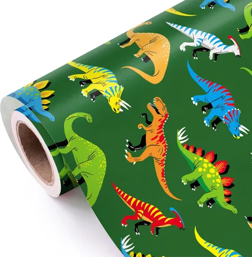 WRAPAHOLIC - Rollo de papel de regalo de dinosaurio - Rollo mini - 17 pulgadas x 33 pies - Papel de regalo de dinosaurio verde, perfecto para