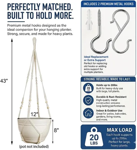 Miniatura 3 de Bouqlife Perchas para plantas de macramé de 43 pulgadas, grandes para macetas de hasta 12 pulgadas, extra largas con ganchos de lazo resistentes