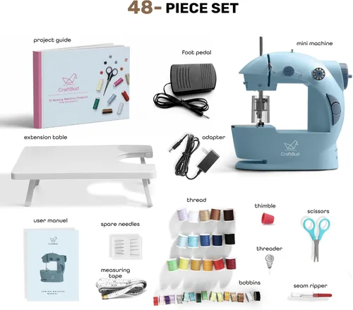 Miniatura 2 de CraftBud Mini máquina de coser para principiantes, máquina de coser portátil de doble velocidad para niños y adultos con mesa de extensión, juego