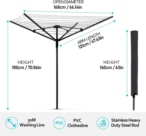 Miniatura 2 de Nisorpa Tendedero giratorio para paraguas para exteriores, altura ajustable, con cubierta protectora impermeable, secadora giratoria plegable con 4