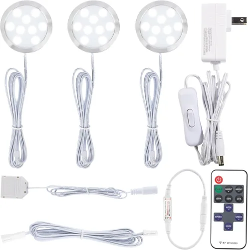 Kit de iluminación de disco redondo enchufado para debajo del gabinete, luces LED eléctricas con cable de 110 V, control remoto regulable, cableado