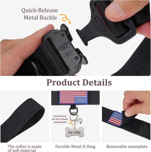 Miniatura 3 de Collar Táctico de Servicio Pesado para Perro Ajustable de Nailon para Mascotas Hebilla de Liberación Rápida con 2 Anillos en D con Parche para Negro