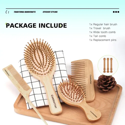 Miniatura 6 de Combeter Juego de cepillo y peine de bambú (4 piezas) – Peine desenredante natural y ecológico para mujeres, hombres y niños, reduce