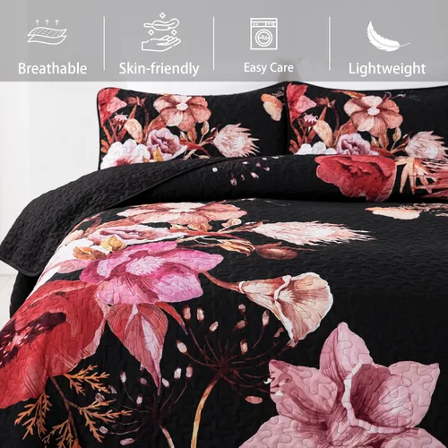 Miniatura 3 de Juego de colcha floral tamaño Queen de 3 piezas, juego de colcha con estampado floral rojo suave de microfibra ligera, cubrecama acolchado negro