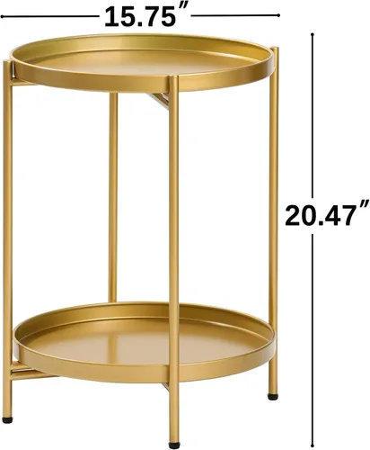 Miniatura 3 de Mesa auxiliar redonda de 2 niveles, pequeña mesa auxiliar de metal con bandeja extraíble, mesas de acento plegables para sala de estar, balcón