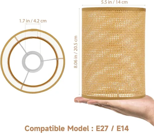 Miniatura 4 de DOITOOL 2 piezas de pantalla de lámpara de ratán de repuesto E27/E14, cubierta de luz cilíndrica tejida natural, cubierta de lámpara de mesa