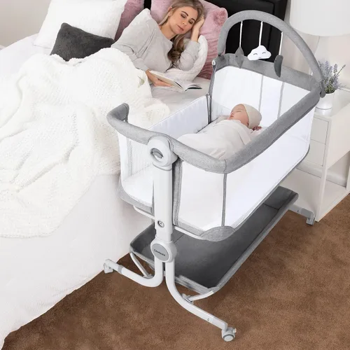 Miniatura 2 de Cowiewie - Cuna para bebé junto a la cama con cesta de almacenamiento, ruedas y juguetes colgantes, cuna portátil plegable fácil con ruedas, cunas