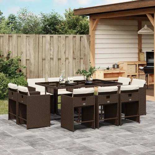 Miniatura 20 de 17-Piece Brown Poly Rattan Patio Dining Set with Cream White Cushions, Foldable Chairs and Tempered Glass Table for Outdoor Garden Backyard Patio
