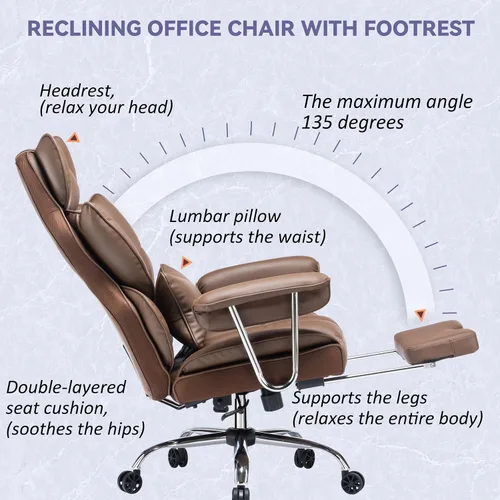 Miniatura 3 de Efomao Silla de oficina ejecutiva para personas pesadas, silla de respaldo alto con reposapiés, silla de oficina de piel sintética ajustable en Café