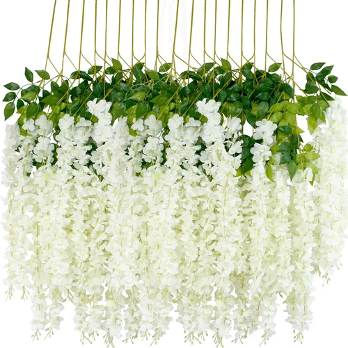 Miniatura 15 de Flores colgantes de glicinia, 12 paquetes de flores artificiales, vid de glicinia falsa de ratán, guirnalda colgante de seda, flores de cuerda