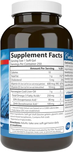 Miniatura 3 de Carlson - Gemas de Aceite de Hígado de Bacalao, Súper 1000 mg, 250 mg Omega-3, 400 UI (10 mcg) de Vitamina D3, Aceite de Hígado de Bacalao Noruego