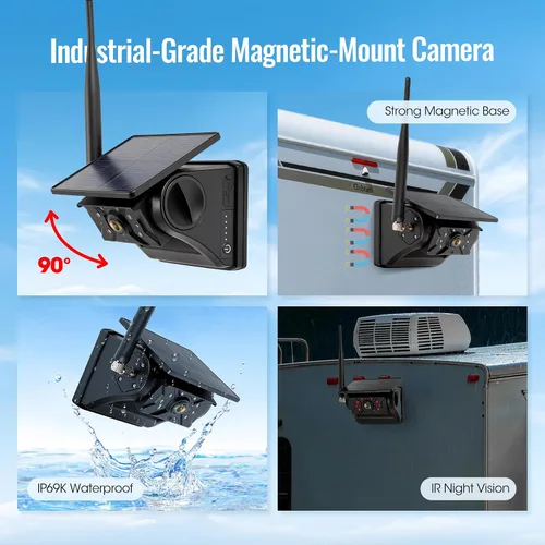 Miniatura 5 de Sistema de cámara de respaldo inalámbrico solar magnético, pantalla táctil IPS de 7 pulgadas con DVR, cámaras de visión trasera IR recargables