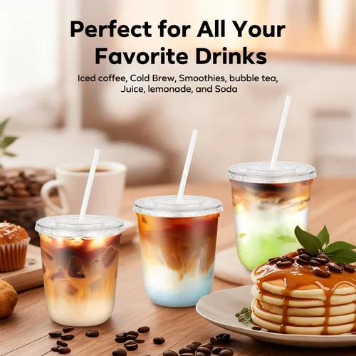 Miniatura 3 de 100 piezas de 12 onzas. Vasos desechables de plástico con tapas planas y popotes transparentes, vasos de fondo redondo para llevar café helado