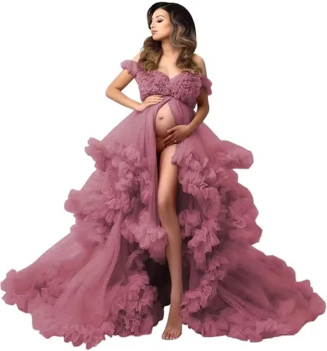 Molisa Vestido de maternidad de tul para sesión de fotos, volantes hinchados, lencería nupcial, bata de baño, vestidos de embarazo transparentes