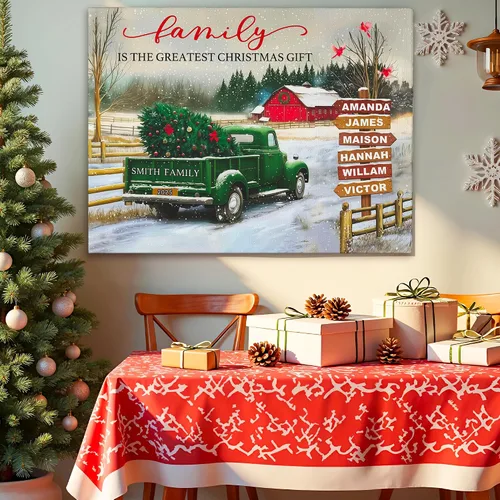 Miniatura 5 de Easycosy - Lienzo personalizado de Navidad para pared, póster vintage de camión rojo con nombre de familia, impresión en lienzo de Navidad
