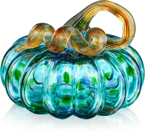 QFkris Calabaza de cristal soplada a mano para decoración, 3.4 x 3.5 pulgadas, decoraciones de otoño para el hogar, figura de calabaza de cristal