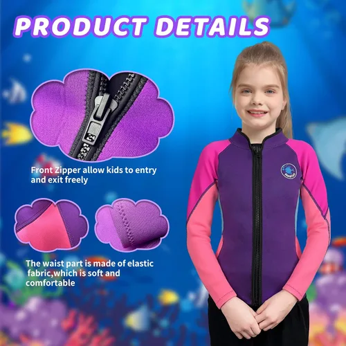 Miniatura 2 de Traje de neopreno para niños y niñas, 0.079 pulgadas, 0.118 pulgadas, manga larga, cremallera frontal, chaqueta térmica para mantener el calor