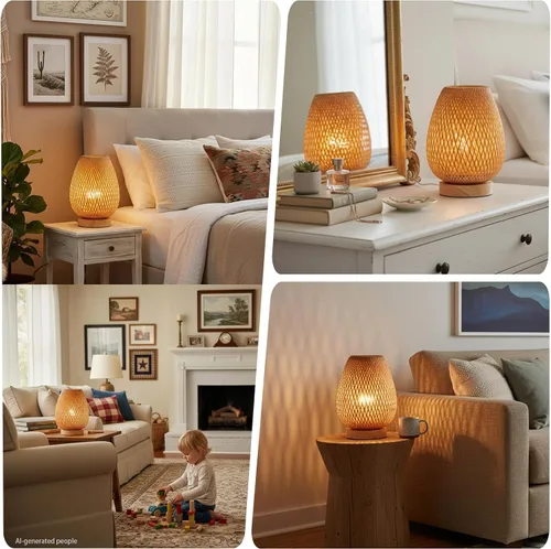 Miniatura 3 de Lámpara de mesa de tejido de bambú con base de madera natural hecha a mano, luz nocturna de noche para dormitorio, lámpara de escritorio retro, luz
