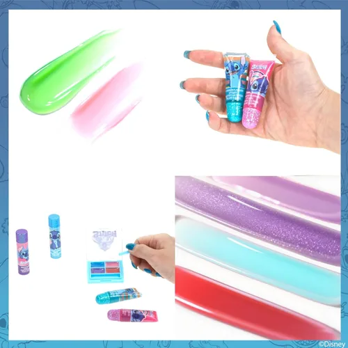 Miniatura 6 de Disney Stitch Beauty Mini Train Case Set incluye tubo de brillo de labios, bálsamo labial, brillo de labios compacto para fiestas de niñas, fiestas