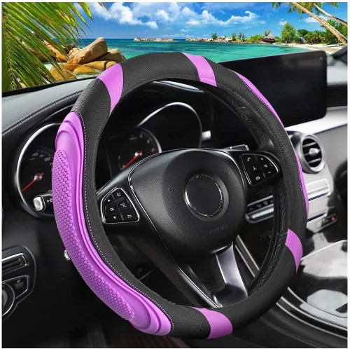 Miniatura 16 de Osilly Funda de cuero para volante de automóvil de 15 pulgadas, accesorios automotrices elástica, transpirable, antideslizante, protector de volante