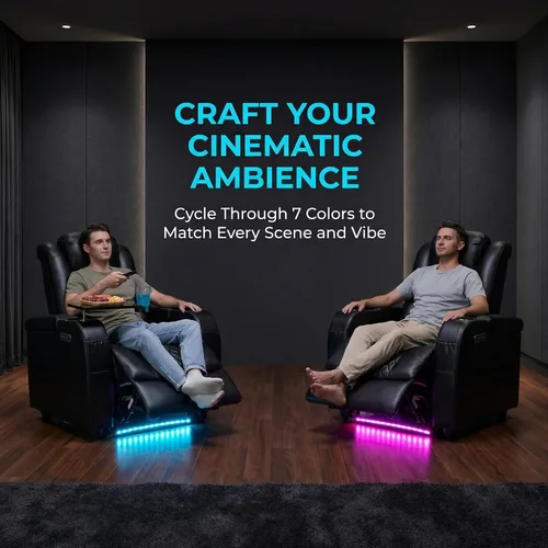 Miniatura 5 de Airadlis Asientos de cine en casa, sillas de cine de doble potencia, sofá reclinable de teatro con iluminación ambiental de 7 colores, almohada