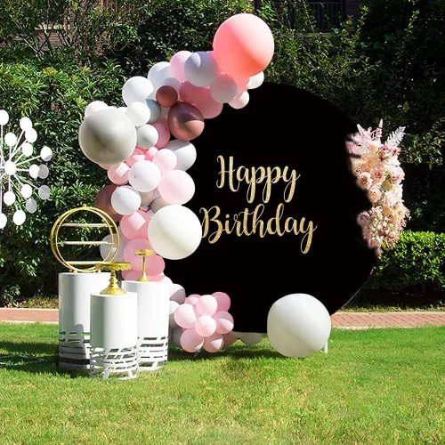 Miniatura 5 de Telón de fondo redondo de feliz cumpleaños negro de 5 x 5 pies, color negro sólido, palabras doradas, fondo de fotografía para adultos, hombres